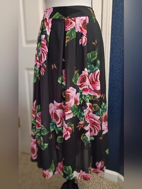 Beulah Black Floral Maxi Skirt with Pink Roses